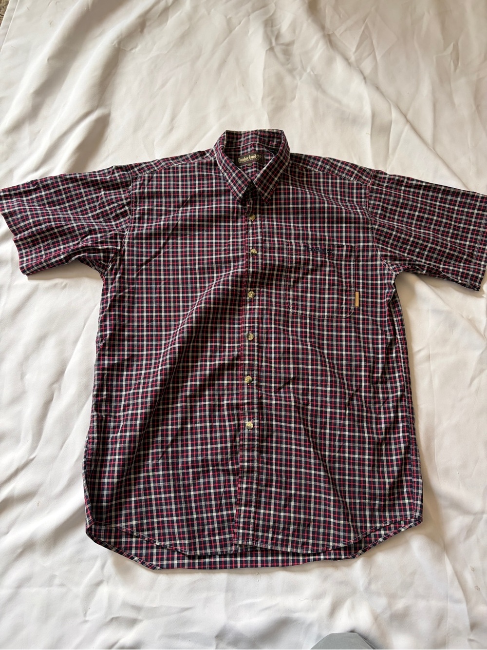 Timberland Men's Short Sleeve Button-Down Plaid Shirt - Burgundy/Navy